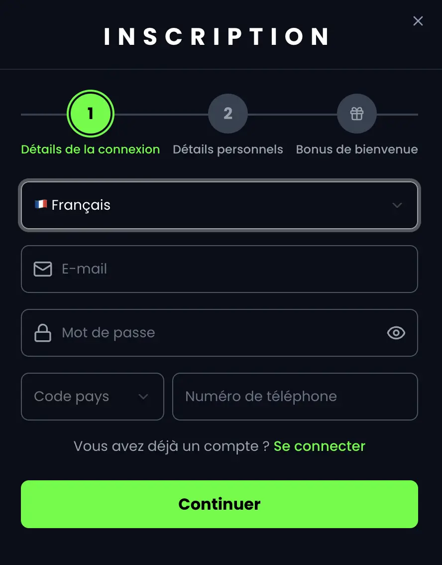 Inscription au Pampago Casino